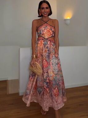H&M NWT LIGHT ORANGE PAISLEY CUTOUT HALTERNECK DRESS SIZELARGE